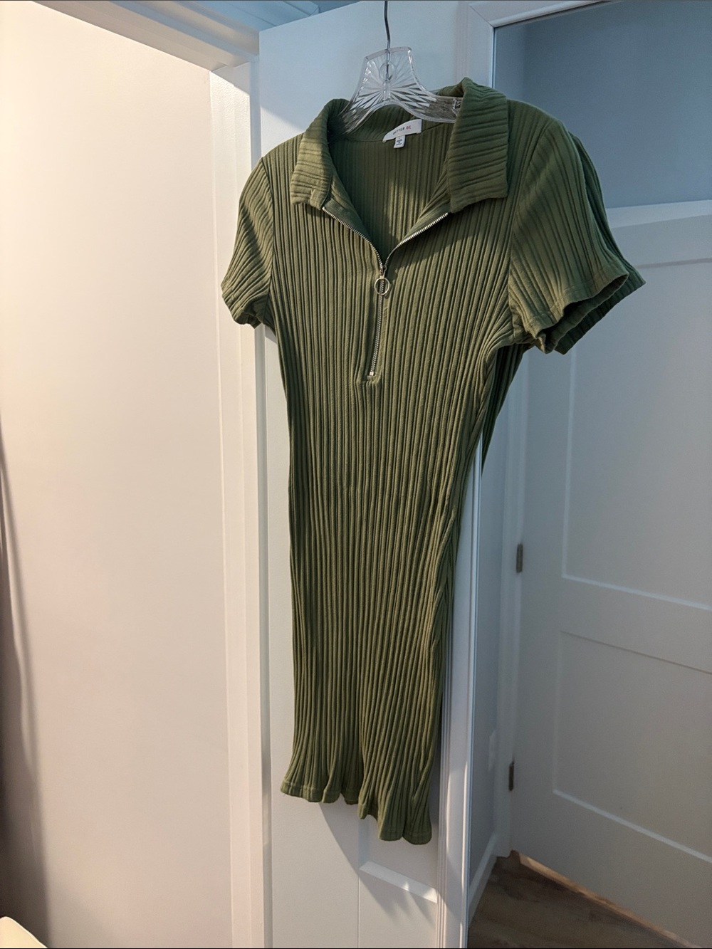 Better Be Olive Green Ribbed Polo Zip-Front Mini Dress